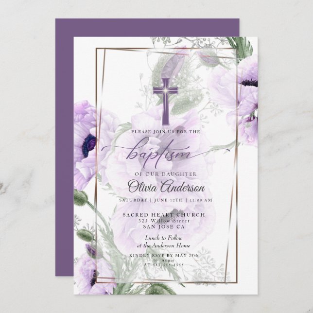 BAPTISME | Amethyst Floral Cross Invitation (Devant / Derrière)