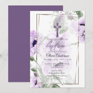 BAPTISME   Amethyst Floral Cross Invitation