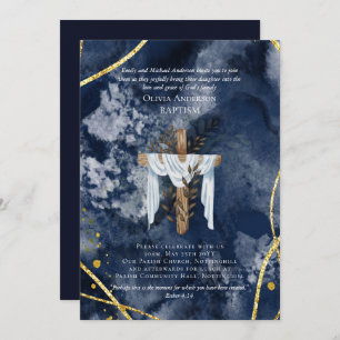 BAPTISME classique Invitation Marine Bleu Or