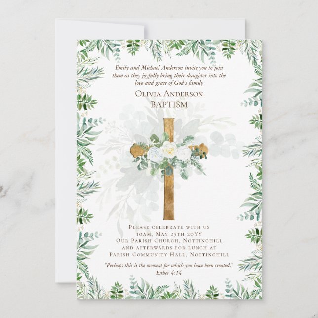 BAPTISME classique Invitation Roses blanches or (Devant)