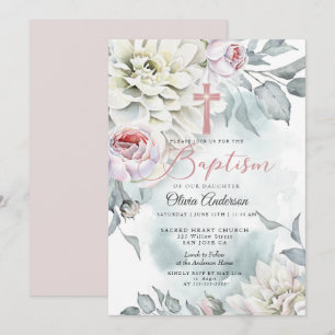 BAPTISME   Invitation croisée florale rose