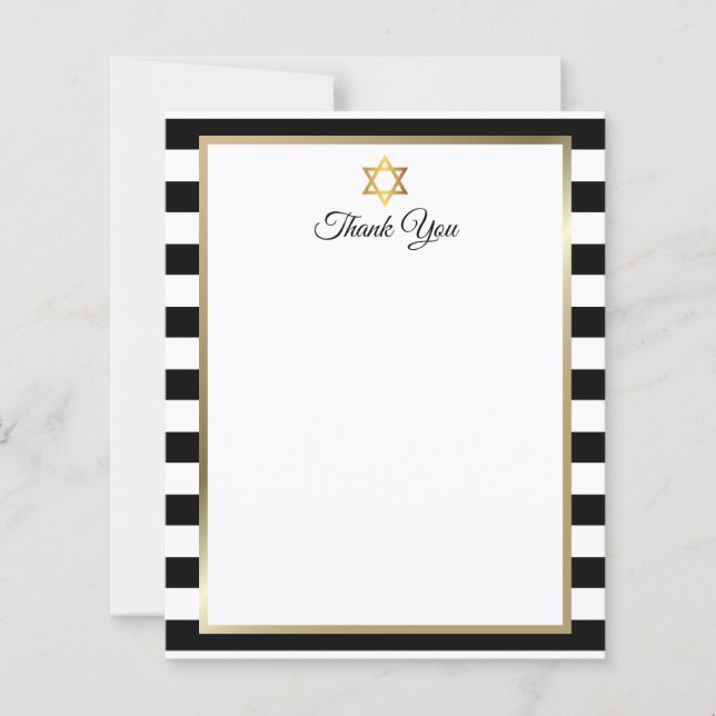 Bar Bat Mitzvah Black White Stripe Thank You Note (Devant)