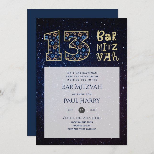 BAR Bleu Galaxy moderne MITZVAH Invitations (Devant / Derrière)