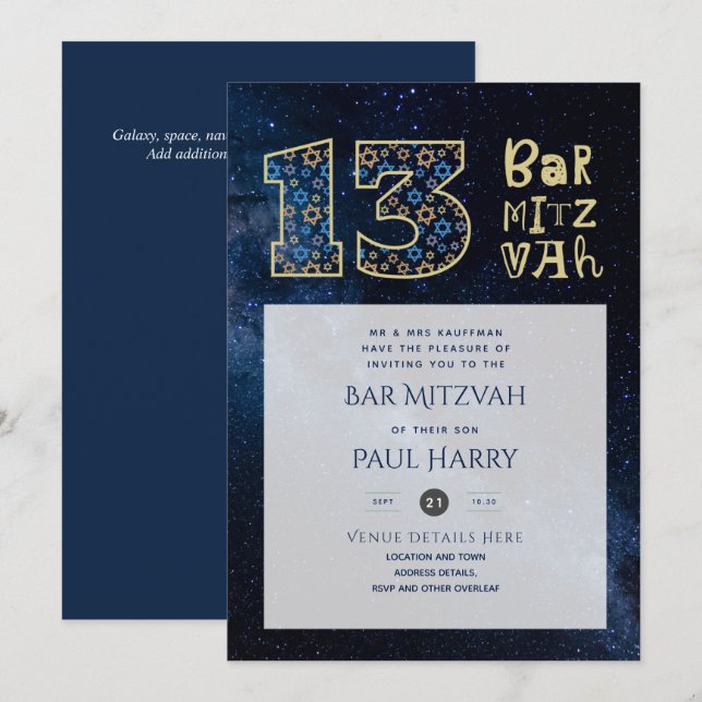 BAR Bleu Galaxy moderne MITZVAH Invitations (Devant / Derrière)