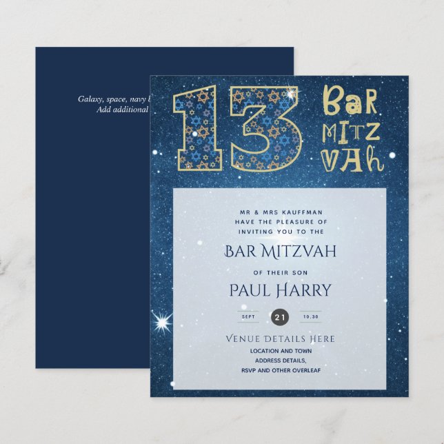 BAR Bleu Galaxy moderne MITZVAH Invitations (Devant / Derrière)