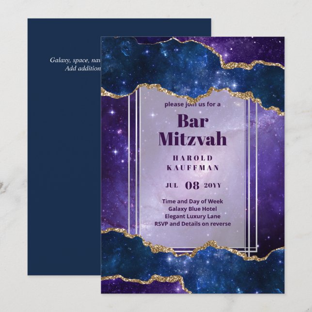 BAR CARTES MITZVAH Ciel céleste Blue Galaxy Gold (Devant / Derrière)