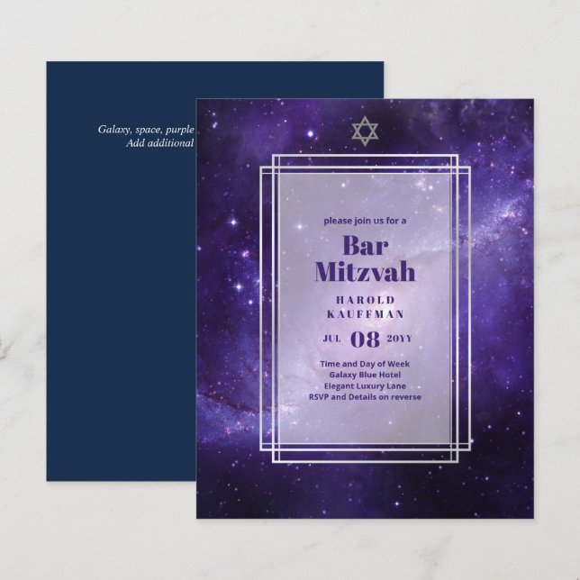BAR CARTES MITZVAH Ciel céleste Blue Galaxy Gold (Devant / Derrière)