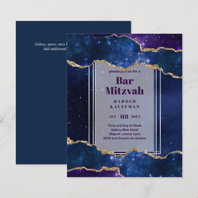 BAR CARTES MITZVAH Ciel céleste Blue Galaxy Gold (Devant / Derrière)