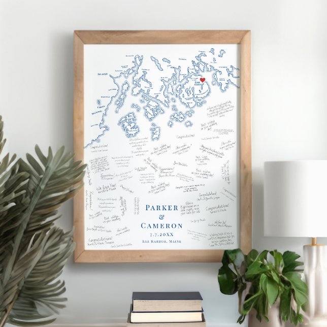 Bar Harbour ME Mariage Élégant Poster du livre d'i (Bar Harbor Maine Map Wedding Alternative Guest Book Poster in Elegant Navy Blue from Coastal Map Des)