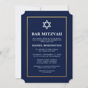 Bar Mitzvah Elegant Bleu et Gold Invitation
