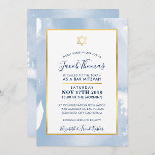 BAR MITZVAH étoile d'or invitation d'aquarelle ble