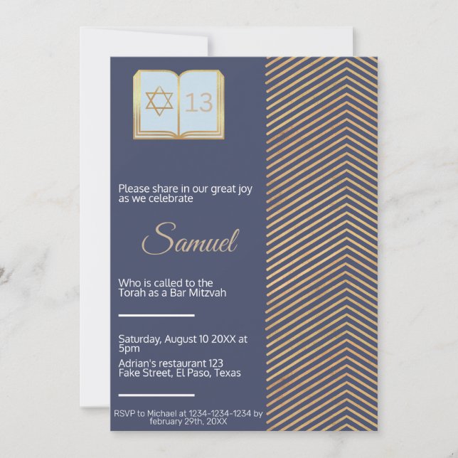 Bar mitzvah invitation : Design bleu et or (Devant)