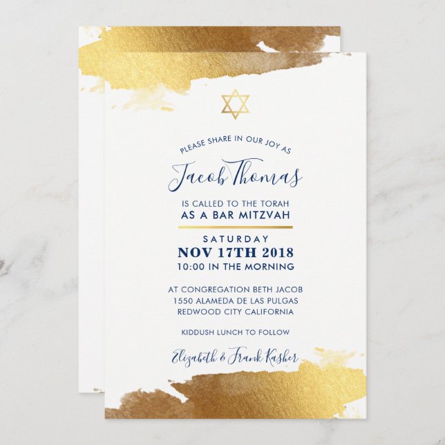 BAR MITZVAH INVITATION doré moderne doré marine bl (Devant / Derrière)