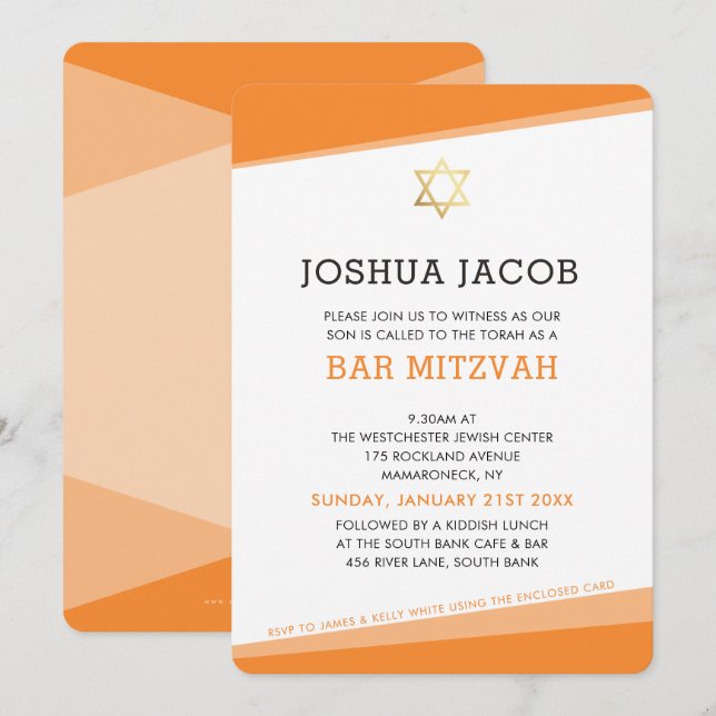 BAR MITZVAH INVITATION simple moderne audacieux or (Devant / Derrière)