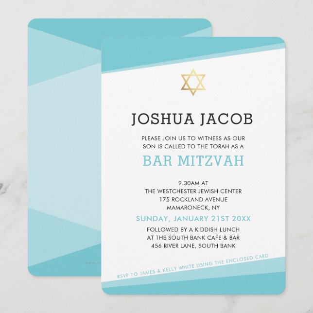 BAR MITZVAH INVITATION simple moderne turquoise bl (Devant / Derrière)