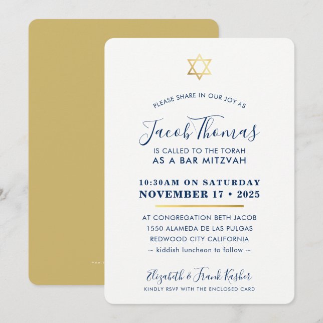 BAR MITZVAH INVITATION simple or moderne marine bl (Devant / Derrière)