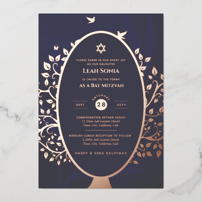 Bar Mitzvah Invitation VÉRITABLE FOIL Arbre de Vie (Recto)