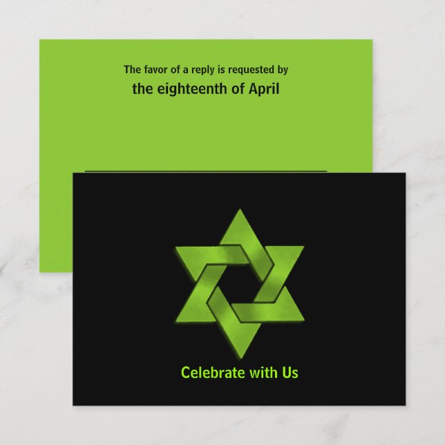 Bar Mitzvah Lime Green sur Black Star David RSVP (Devant / Derrière)