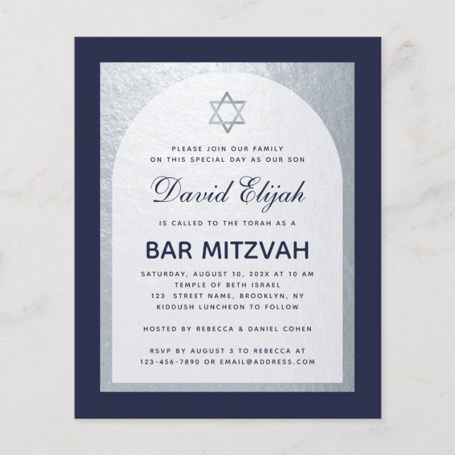 Bar Mitzvah Marine Blue Silver Budget Invitation (Devant)