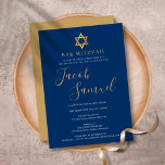 Bar Mitzvah Navy Blue Gold Script Invitation<br><div class="desc">Doté d'un nom de signature de script doré. Personnalisez avec vos informations spéciales Bar Mitzvah en lettres d'or chic sur un arrière - plan bleu marine. Conçu par Thisisnotme©</div>