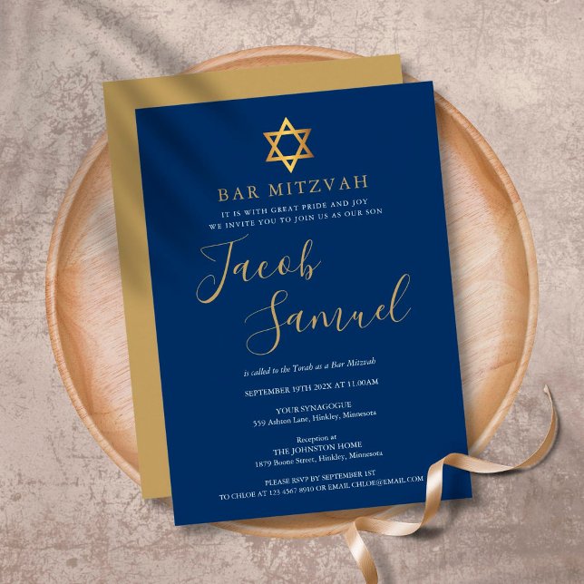 Bar Mitzvah Navy Blue Gold Script Invitation (Créateur téléchargé)