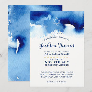 BAR MITZVAH or élégant bleu aquarelle invitation