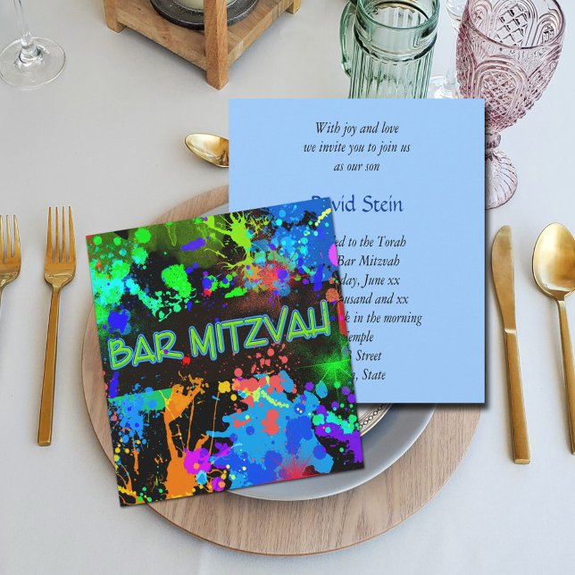 Bar Mitzvah, Peinture Splatter, Invitation de fête (Créateur téléchargé)