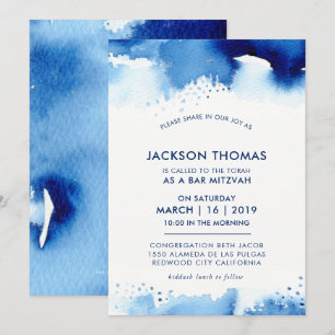 BAR MITZVAH simple invitation d'aquarelle bleue