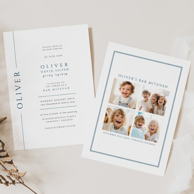 Bar moderne bleu et blanc Mitzvah Invitation Photo (Créateur téléchargé)