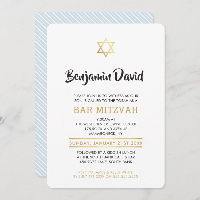 BAR MODERNE MITZVAH INVITATION simple stylé or sta (Devant / Derrière)