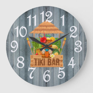 Bar Tiki Rustique Gris Horloge Grande