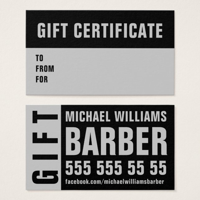 Barber Black Grey Typographie Carte de certificat  (Devant & derrière)
