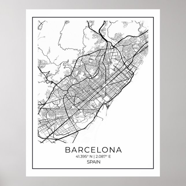BARCELONA Map - Black & White Map Poster (Devant)