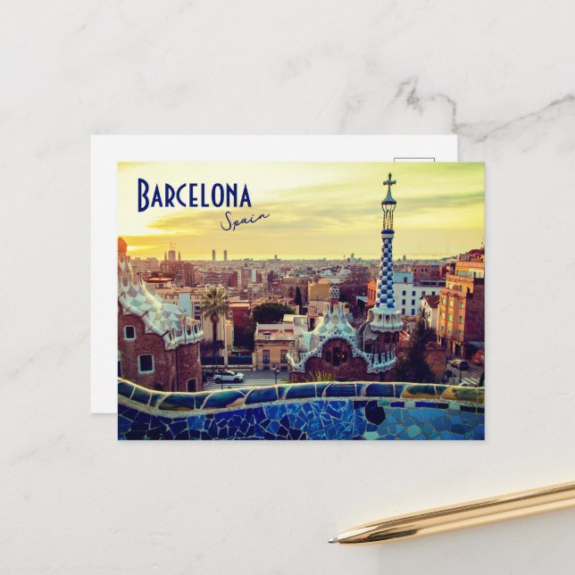 Barcelone, Espagne - Carte postale Park Guell (Devant/Arrière en situation)