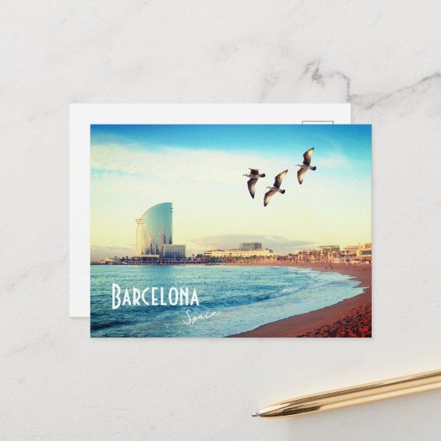 Barcelone, Espagne - Plage de Barceloneta Carte po (Devant/Arrière en situation)