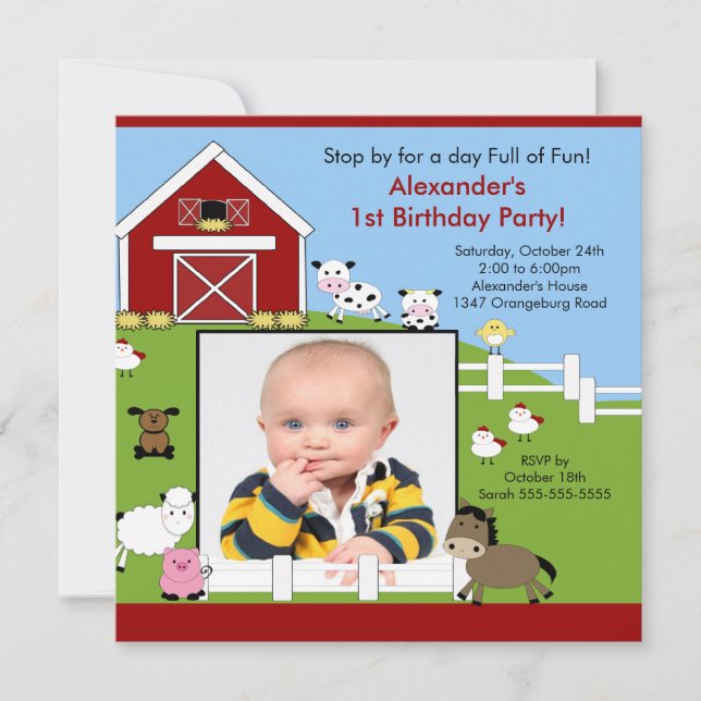 Barn Animaux Fun1st Birthday Photo Invitation (Devant)