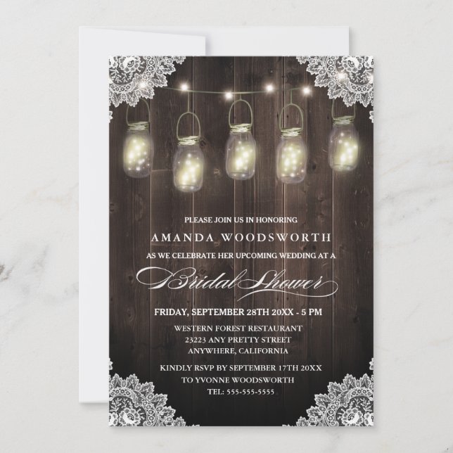 Barn Wood dentelle Mason Jar Invitations de douche (Devant)