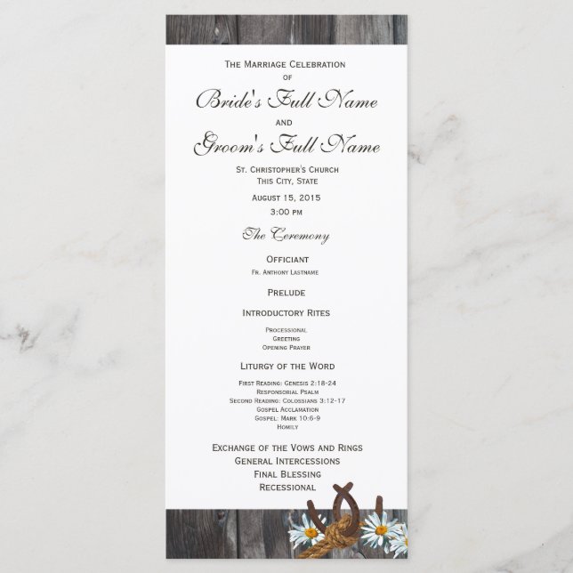 Barn Wood Horseshoes et programme de mariage de la (Devant)