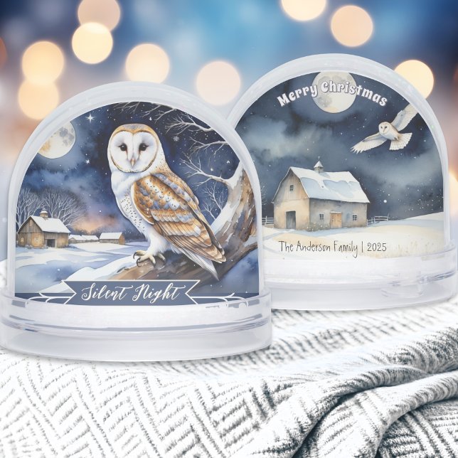 Barne Owl Aquarelle Silence Night Neige Globe (A Christmas snowglobe with barn owl snow scene illustrations, personalized with a name and year)