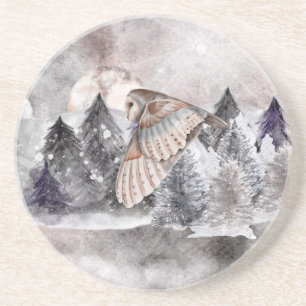 Barne Owl Moon Aquarelle Forêt Dessous de verre de