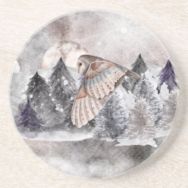 Barne Owl Moon Aquarelle Forêt Dessous de verre de (Devant)
