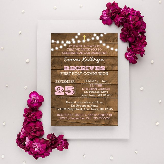 Barnwood Lights Pink First Communion Invitation (Créateur téléchargé)
