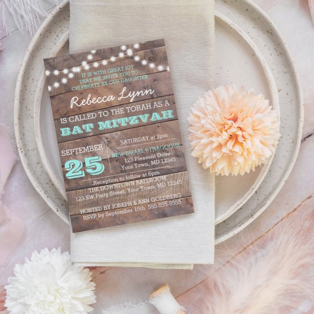 Barnwood Lights Turquoise Bat mitzvah Invitation (Créateur téléchargé)