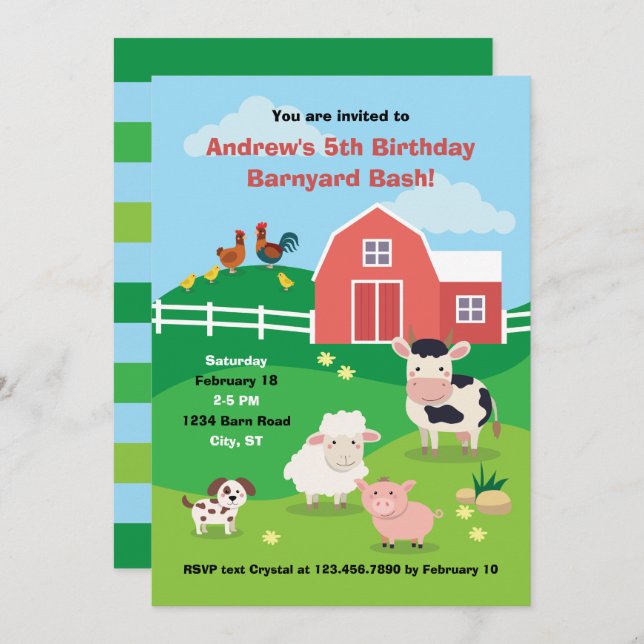 Barnyard avec animaux Invitation de fête d'anniver (Devant / Derrière)