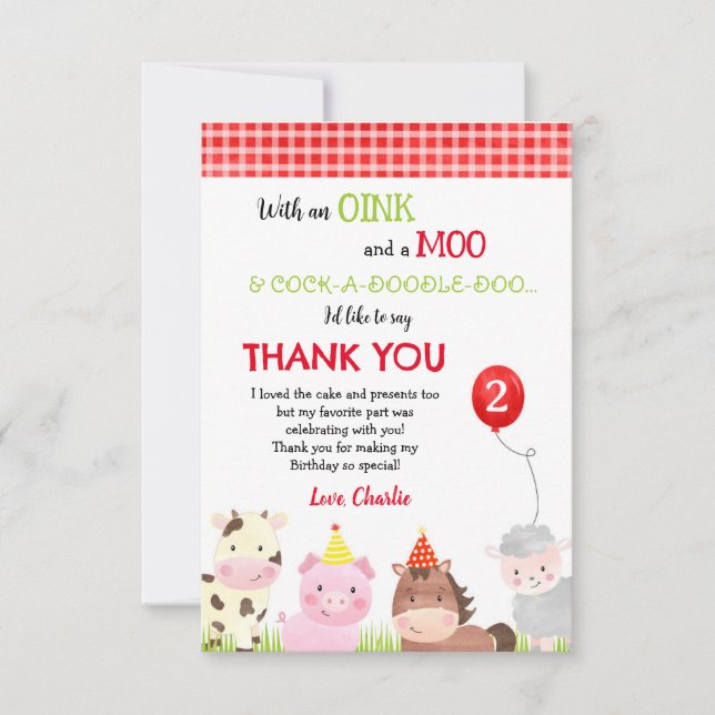 Barnyard Farm Animaux Anniversaire Merci Cartes (Devant)