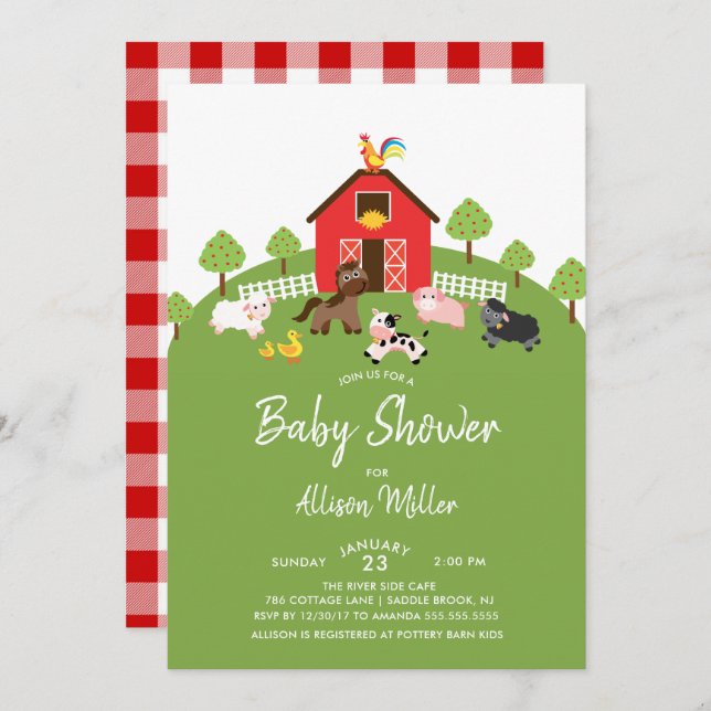 Barnyard Farm Animaux Baby shower Invitation (Devant / Derrière)