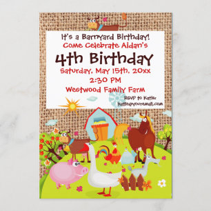 Barnyard Farm Animaux Burlap Invitation d'annivers