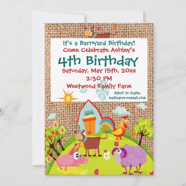 Barnyard Farm Animaux Burlap Invitations d'anniver (Devant)