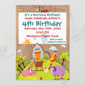 Barnyard Farm Animaux Burlap Invitations d'anniver