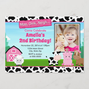 Barnyard Farm Anniversaire Invitation fille rose